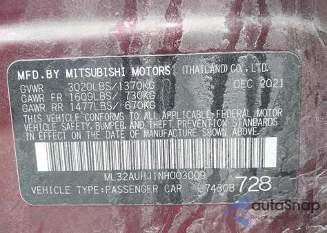 2022 Mitsubishi Mirage Es/Le z USA, uszkodzony, nr VIN ML32AUHJ1NH003009